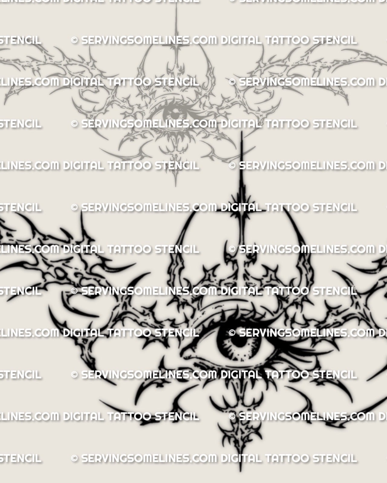 Close detail of cybersigilism eye lower back tattoo showing the central eye, sharp cyber structure, and symmetrical spread