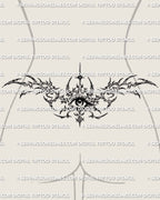 Cybersigilism eye lower back tattoo shown on lower back placement with a central eye and sharp waist-framing spread