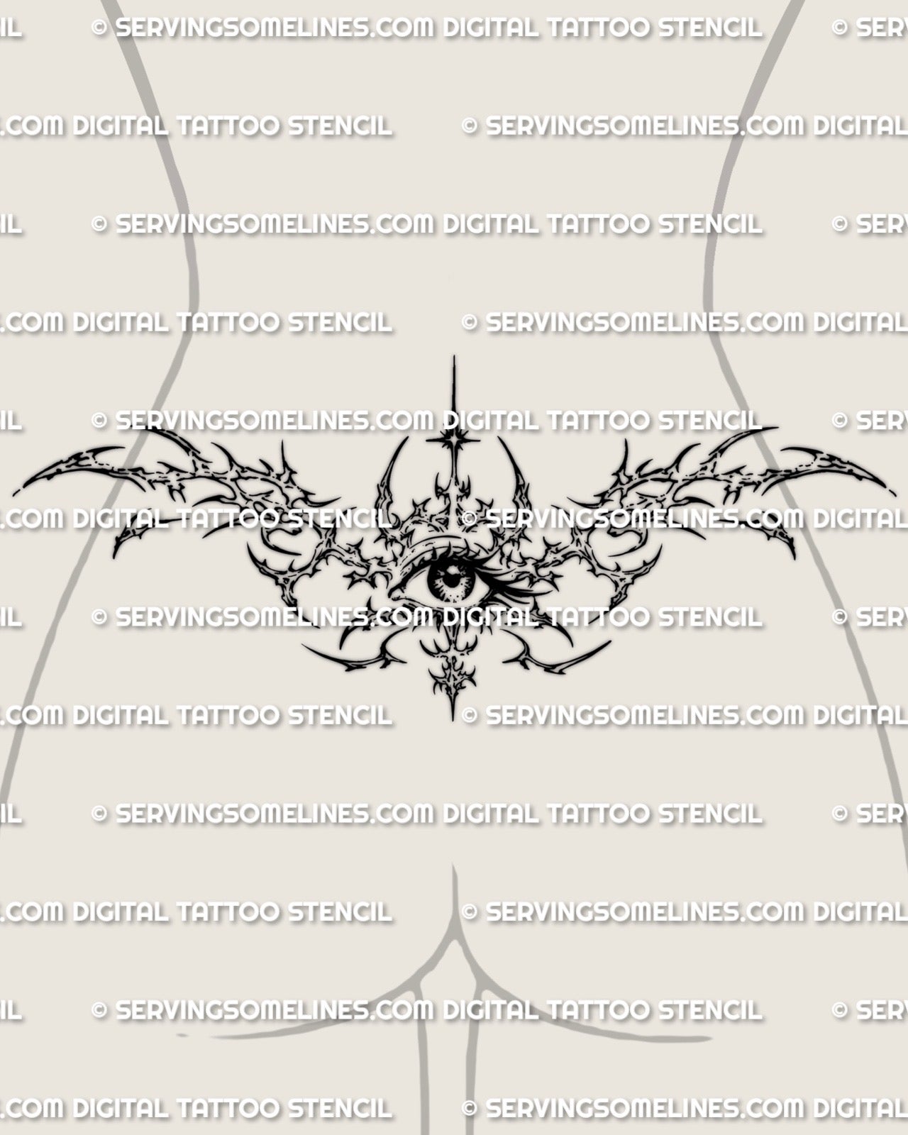 Cybersigilism eye lower back tattoo shown on lower back placement with a central eye and sharp waist-framing spread