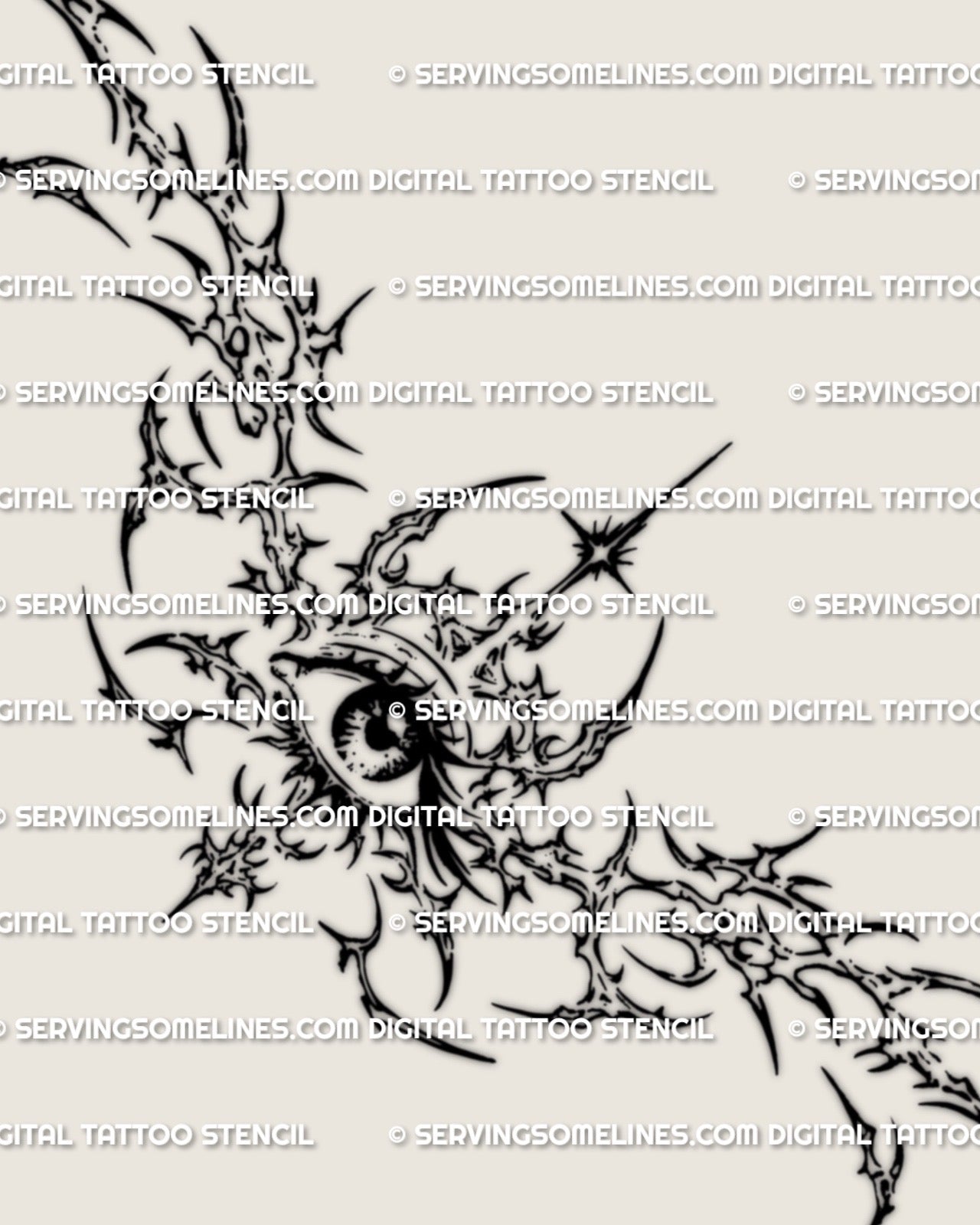 Cybersigilism eye lower back tattoo stencil design with a centered eye, horizontal spread, and tramp stamp silhouette