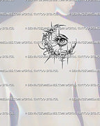 Cybersigilism eye moon stencil displayed on men’s shoulder blade placement example, clean high-resolution stencil download.