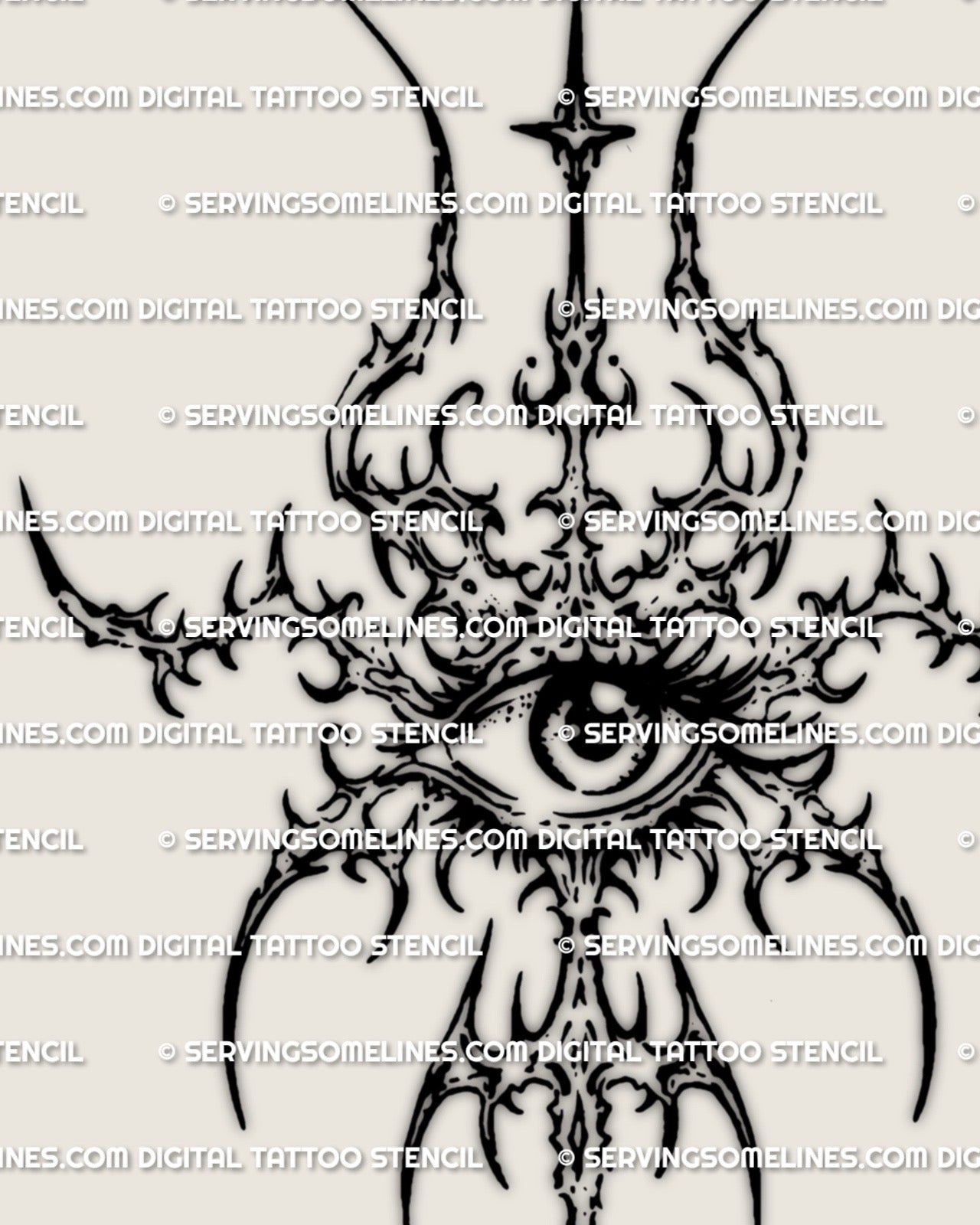 Cybersigilism eye sigil tattoo stencil design, single eye emblem with printable PNG JPG PDF files for clean transfer.
