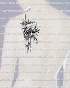 Cybersigilism eye stencil displayed on mens shoulder placement example, printable crying eye tattoo download for transfer.
