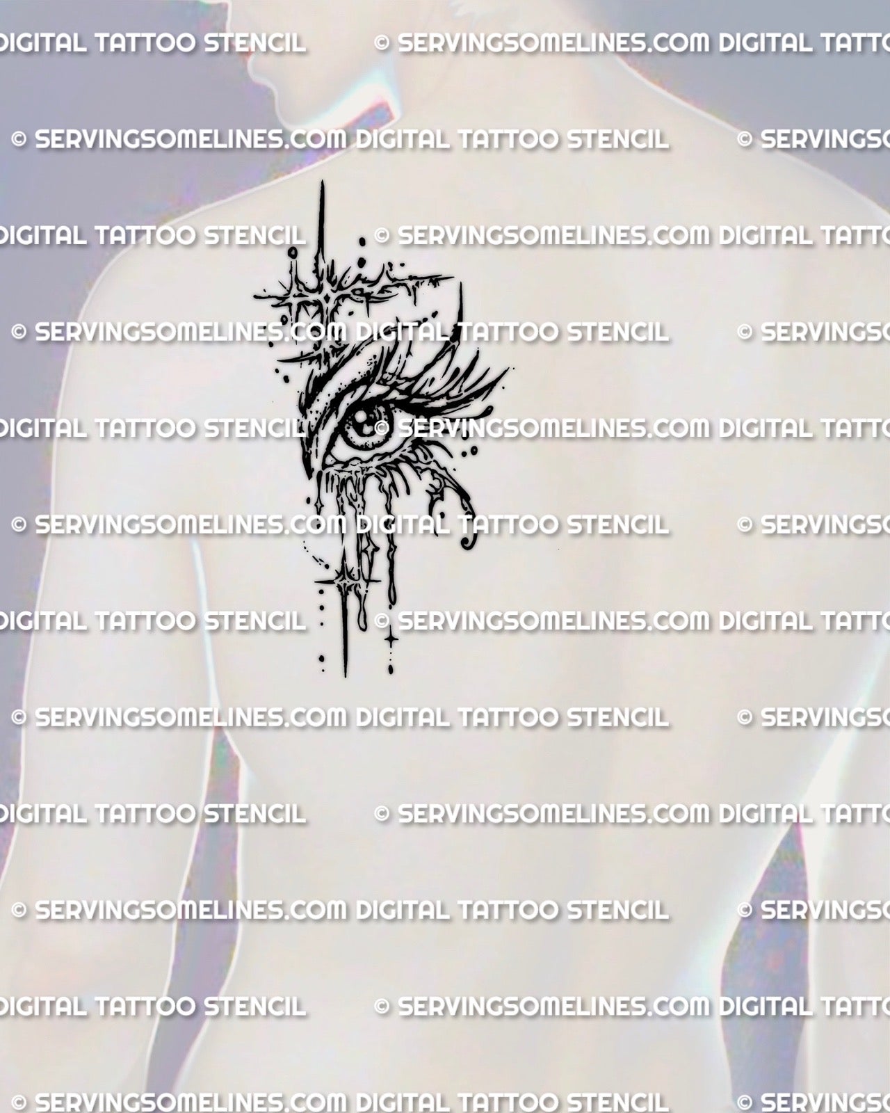 Cybersigilism eye stencil displayed on mens shoulder placement example, printable crying eye tattoo download for transfer.