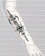 Cybersigilism eye sword tattoo stencil shown on forearm placement with vertical blade shape and central eye motif