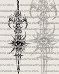 Cybersigilism eye sword tattoo stencil design with long vertical blade, central eye motif, and sharp cyber detail