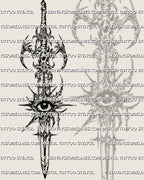 Cybersigilism eye sword tattoo stencil design with long vertical blade, central eye motif, and sharp cyber detail