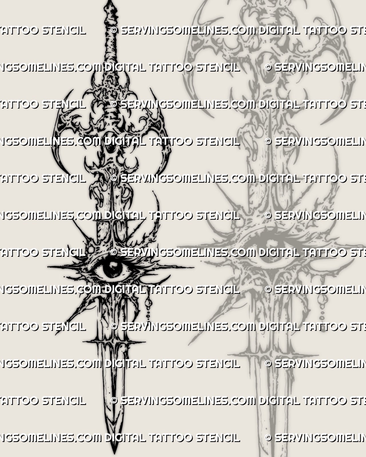 Cybersigilism eye sword tattoo stencil design with long vertical blade, central eye motif, and sharp cyber detail