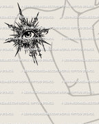 Cybersigilism eye symbol tattoo stencil shown on womens upper arm placement example, sharp emblem design with printable download files.