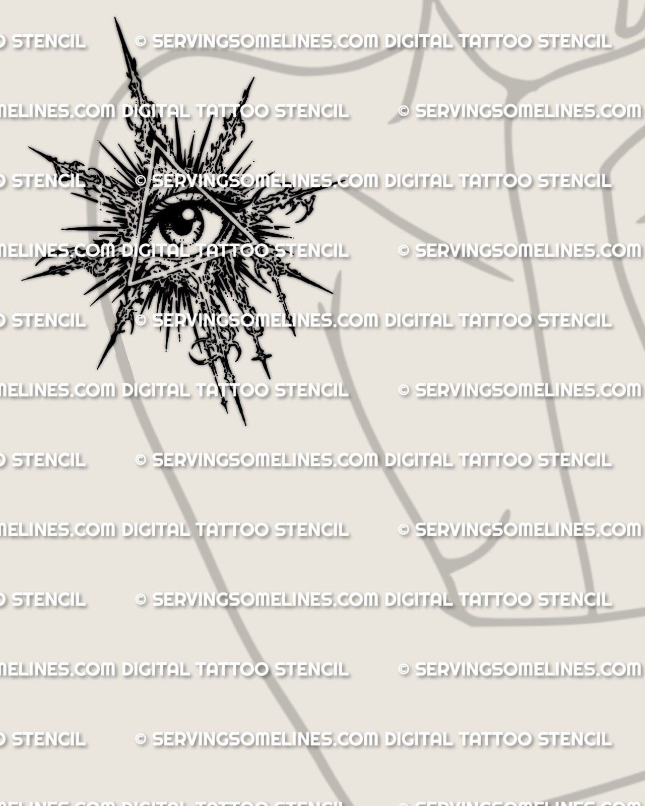 Cybersigilism eye symbol tattoo stencil shown on womens upper arm placement example, sharp emblem design with printable download files.
