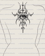 Cybersigilism eye symbol tattoo stencil displayed on womens upper spine near neck placement example, dark emblem design.