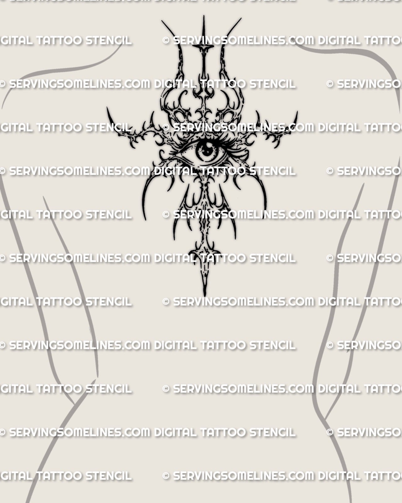 Cybersigilism eye symbol tattoo stencil displayed on womens upper spine near neck placement example, dark emblem design.