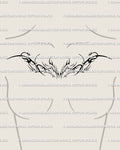 Feminine cybersigilism chest piece tattoo stencil, ornamental neotribal collarbone design with fine blackwork symmetry and clean outline.