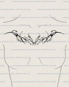 Feminine cybersigilism chest piece tattoo stencil, ornamental neotribal collarbone design with fine blackwork symmetry and clean outline.