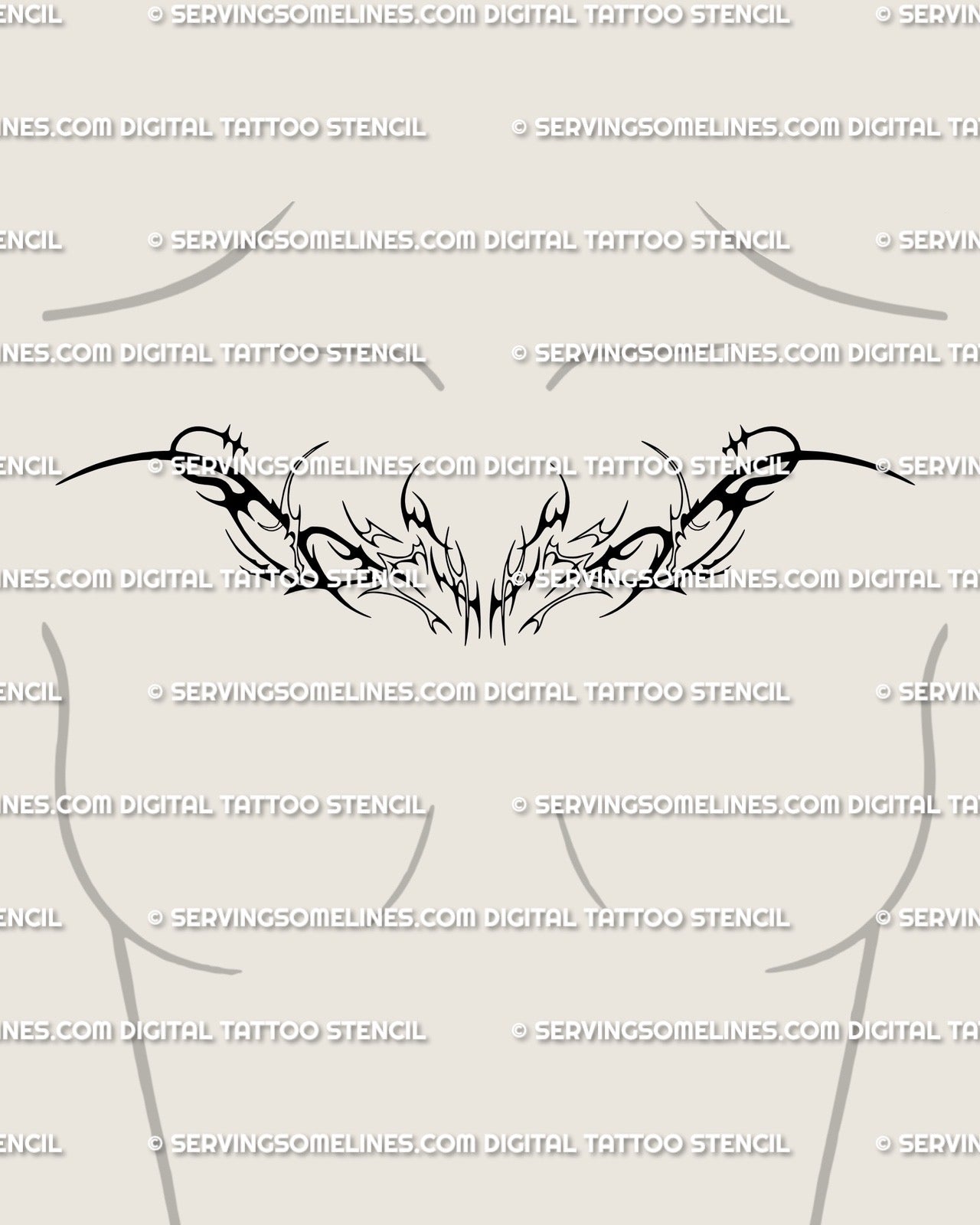 Feminine cybersigilism chest piece tattoo stencil, ornamental neotribal collarbone design with fine blackwork symmetry and clean outline.