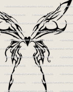 Flaming butterfly digital tattoo stencil featuring cyber sigil heart wings, neotribal ornament, and gothic alt-girl edge for statement tattoo ideas.