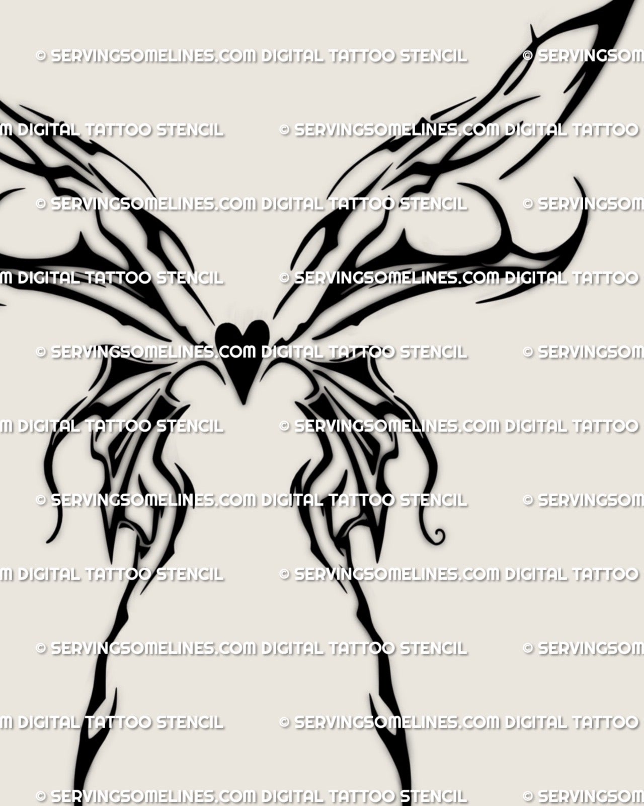 Flaming butterfly digital tattoo stencil featuring cyber sigil heart wings, neotribal ornament, and gothic alt-girl edge for statement tattoo ideas.