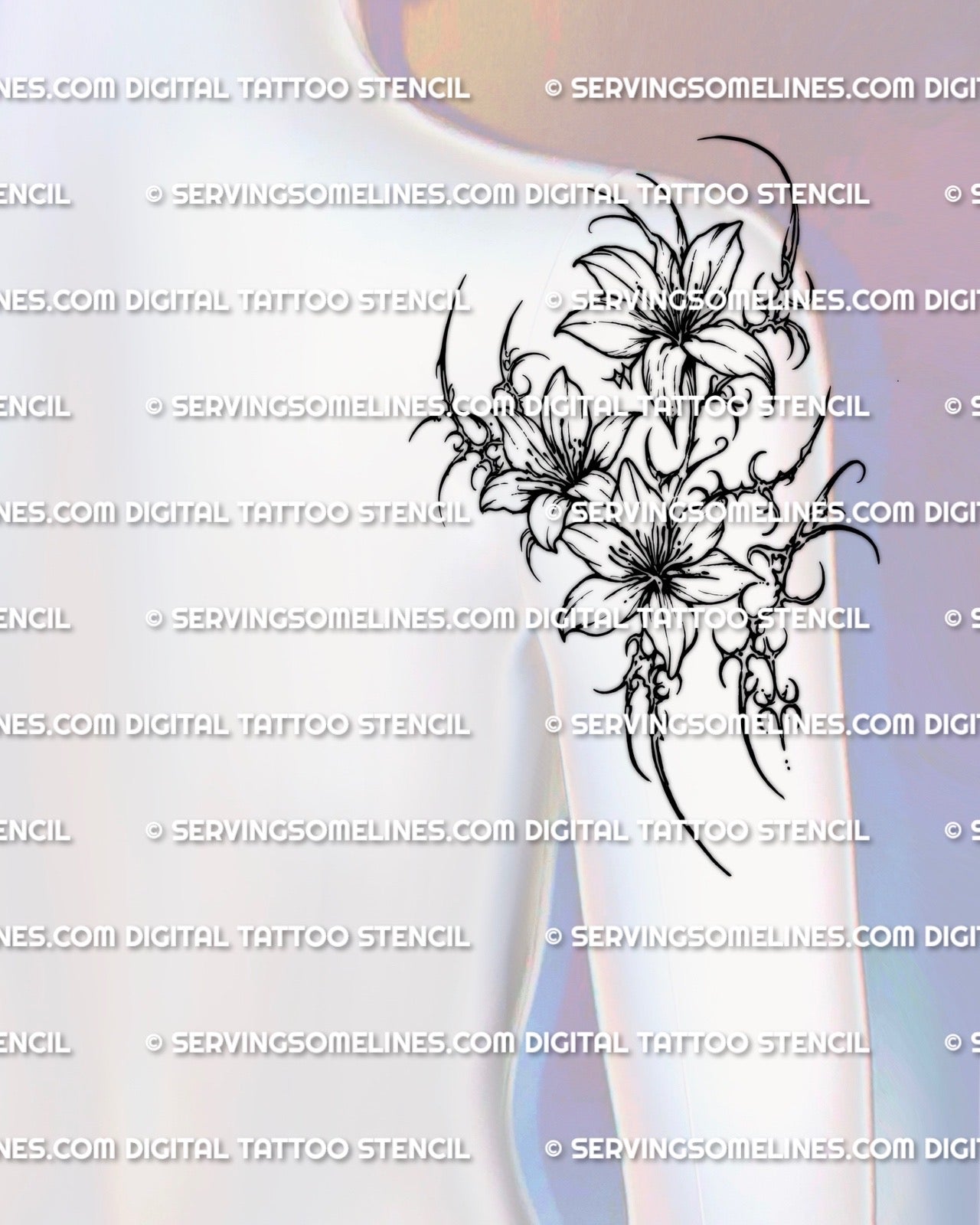 Cybersigilism floral tattoo shown on the back of upper arm placement with a curved multi flower composition and shoulder-adjacent fit