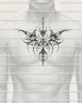 Cybersigilism floral chest tattoo shown on men’s chest placement with a symmetrical centerpiece layout and sharp floral detailing