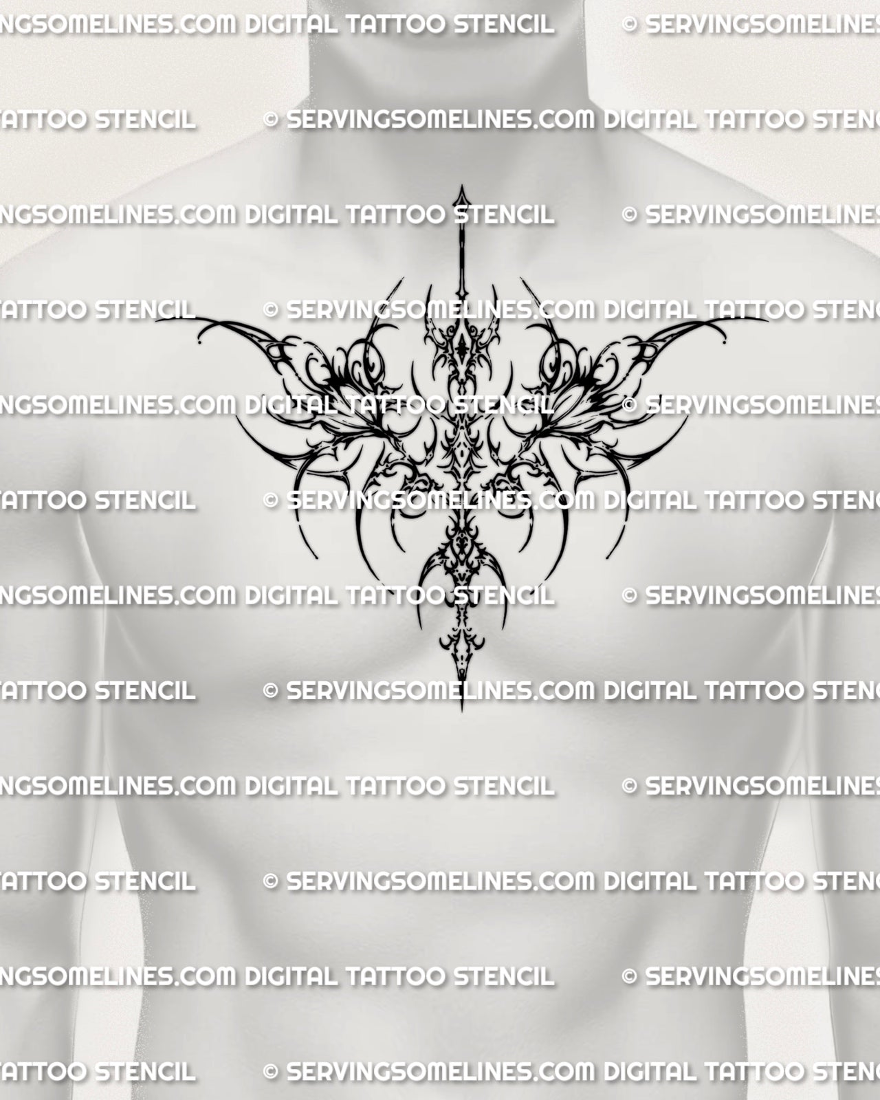 Cybersigilism floral chest tattoo shown on men’s chest placement with a symmetrical centerpiece layout and sharp floral detailing