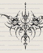 Cybersigilism floral chest tattoo stencil design with mirrored flowers, a centered sternum axis, and sharp outer structure
