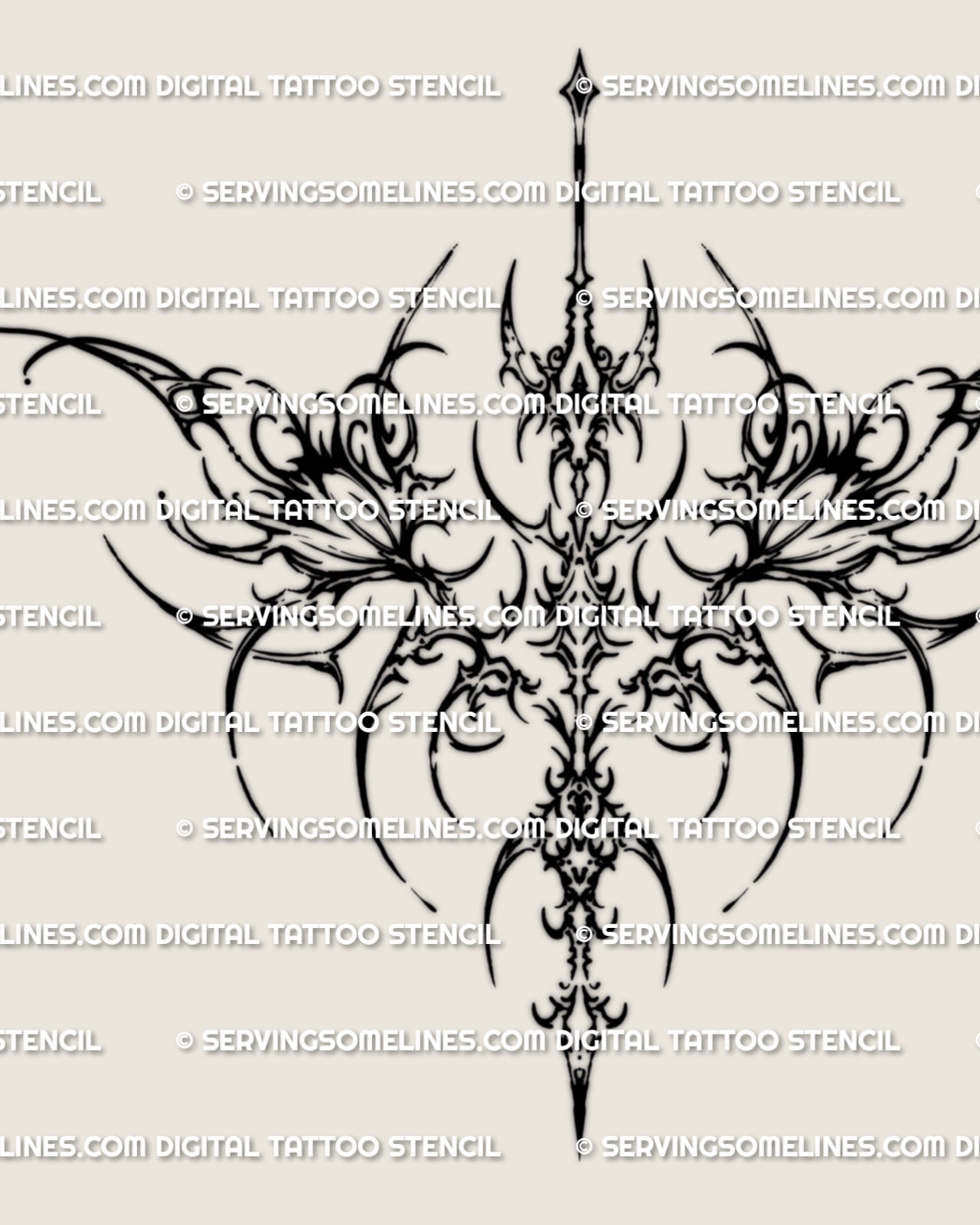 Cybersigilism floral chest tattoo stencil design with mirrored flowers, a centered sternum axis, and sharp outer structure