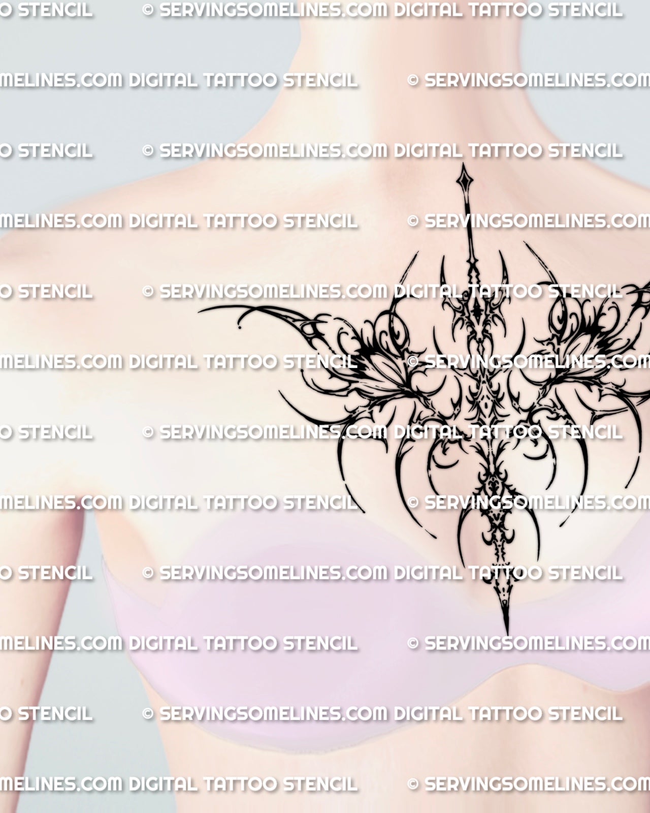 Cybersigilism floral chest tattoo shown on women’s chest placement with symmetrical floral framing and a centered chest fit