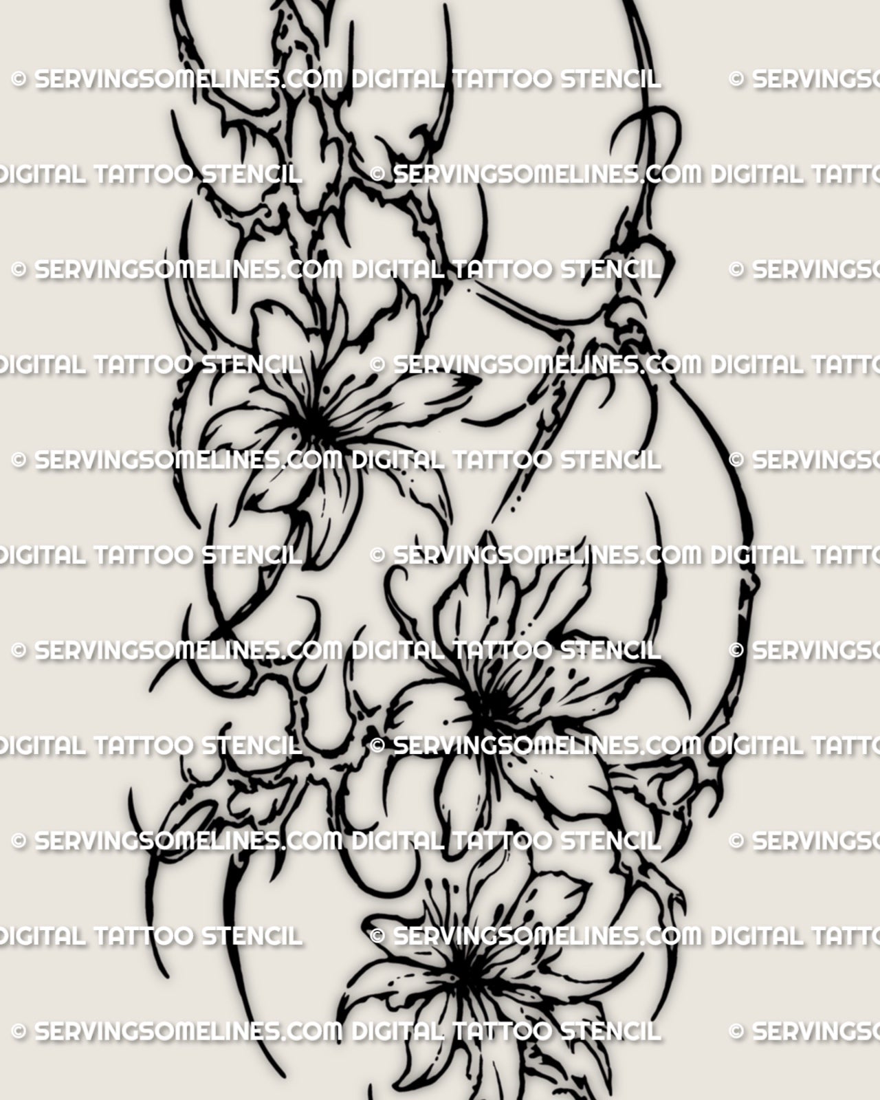 Close detail of cybersigilism floral forearm tattoo showing layered flowers and pointed cyber floral structure