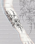 Cybersigilism floral forearm tattoo shown on forearm placement with a vertical multi-flower layout and sharp cyber detailing