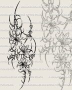Cybersigilism floral forearm tattoo stencil design with a vertical multi-flower composition and sharp cyber detailing