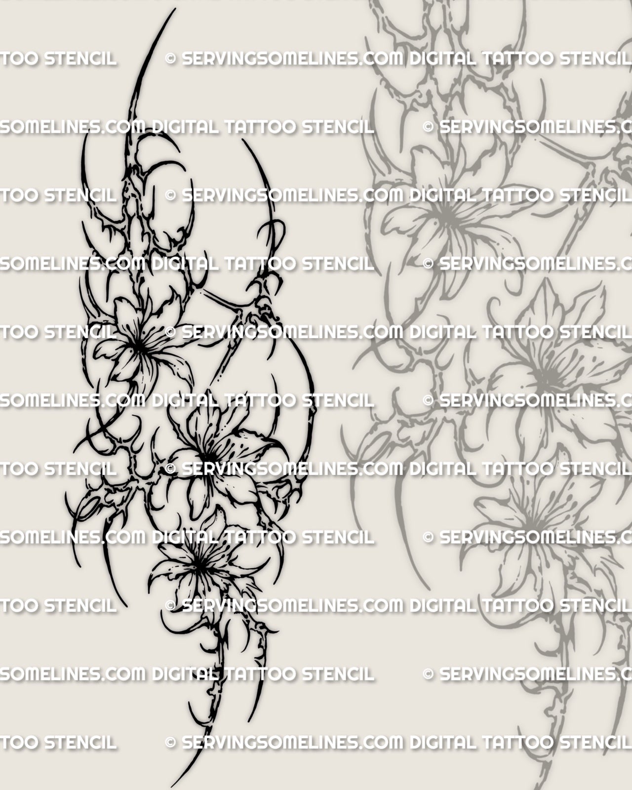 Cybersigilism floral forearm tattoo stencil design with a vertical multi-flower composition and sharp cyber detailing