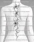 Cybersigilism floral spine tattoo stencil shown on women's back with sharp flowers, curved stems, and vertical back placement.