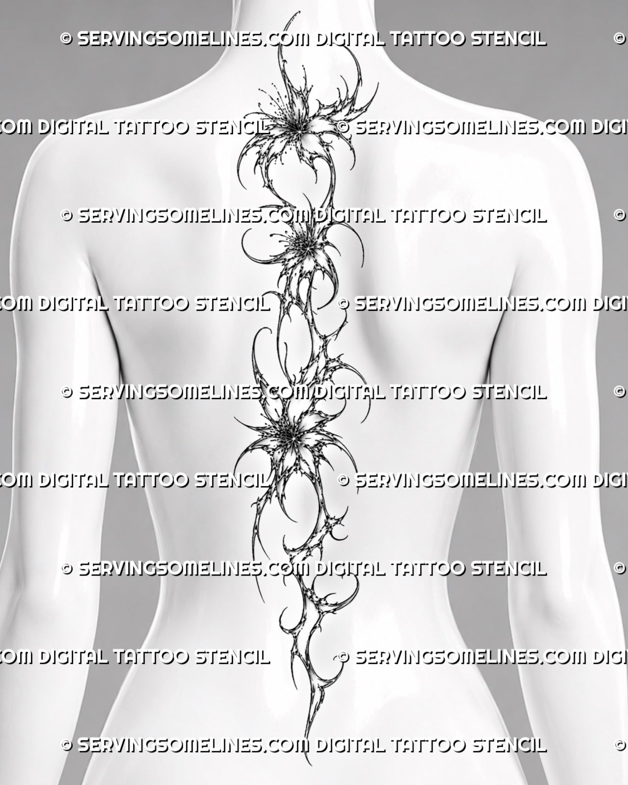 Cybersigilism floral spine tattoo stencil shown on women's back with sharp flowers, curved stems, and vertical back placement.
