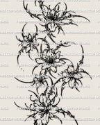 Close detail of cybersigilism floral thigh tattoo showing layered flowers and pointed cyber floral structure