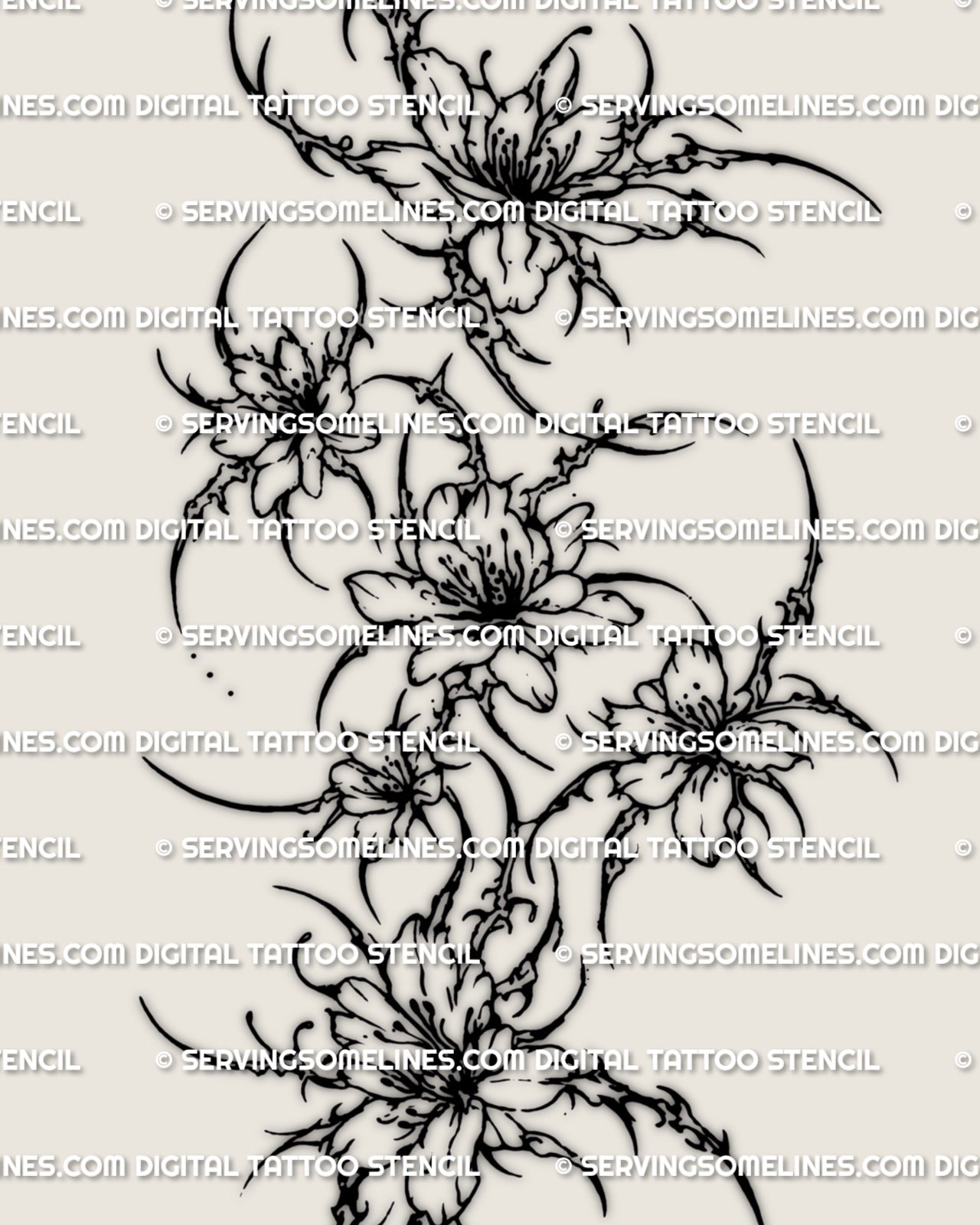 Close detail of cybersigilism floral thigh tattoo showing layered flowers and pointed cyber floral structure