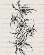 Cybersigilism floral thigh tattoo stencil design with a vertical multi-flower composition and pointed cyber detailing