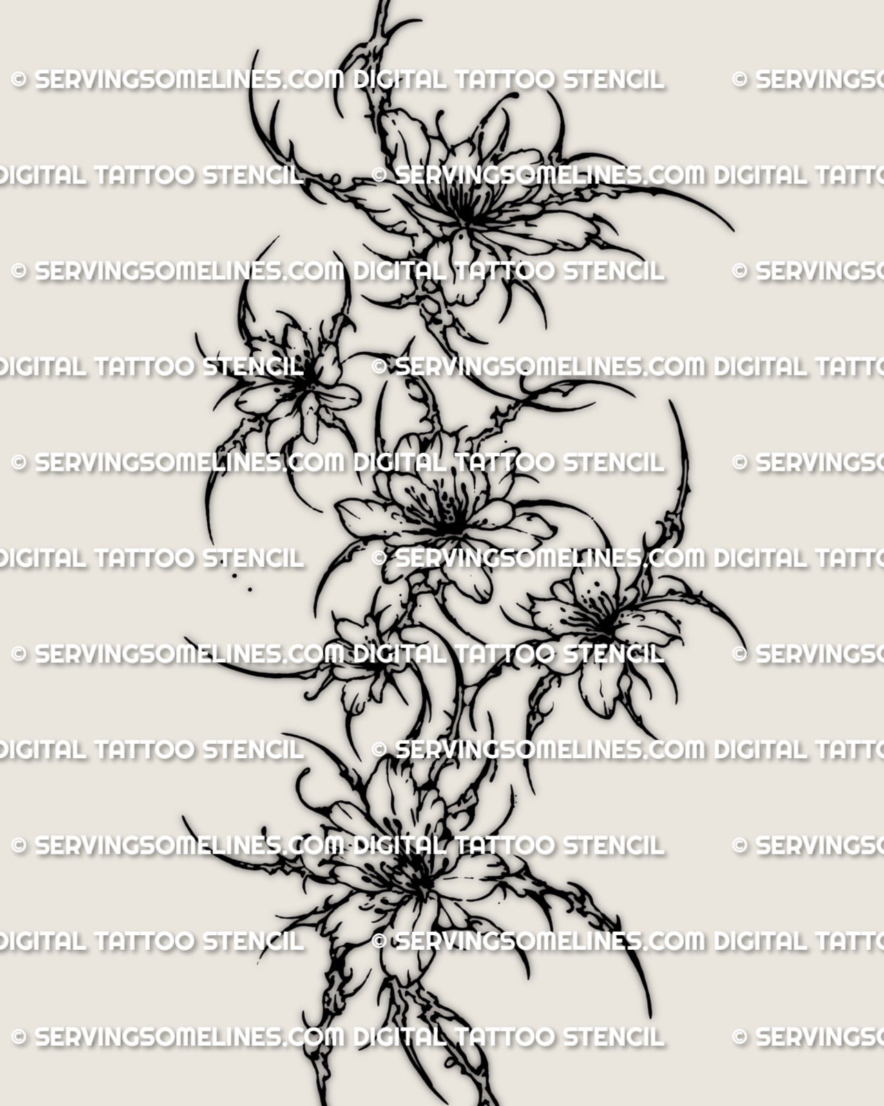 Cybersigilism floral thigh tattoo stencil design with a vertical multi-flower composition and pointed cyber detailing