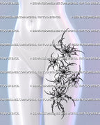 Vertical cybersigilism floral tattoo with clustered blossoms and sharp blackwork details shown on a woman's outer thigh