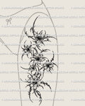 Cybersigilism floral thigh tattoo shown on women’s front thigh placement with a vertical multi-flower layout and sharp cyber detailing