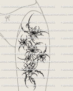 Cybersigilism floral thigh tattoo shown on women’s front thigh placement with a vertical multi-flower layout and sharp cyber detailing