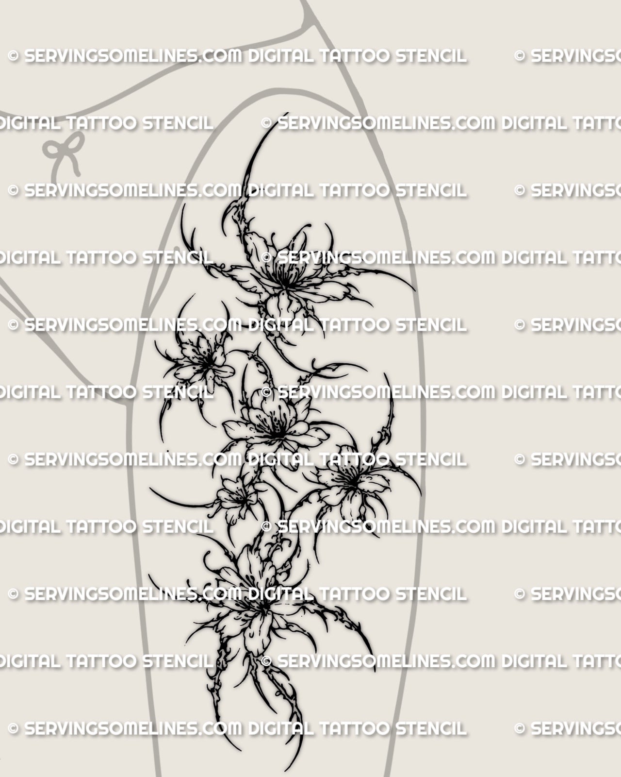 Cybersigilism floral thigh tattoo shown on women’s front thigh placement with a vertical multi-flower layout and sharp cyber detailing