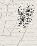 Cybersigilism floral upper arm tattoo shown on women’s upper arm placement with a clustered multi flower layout and sharp cyber detailing
