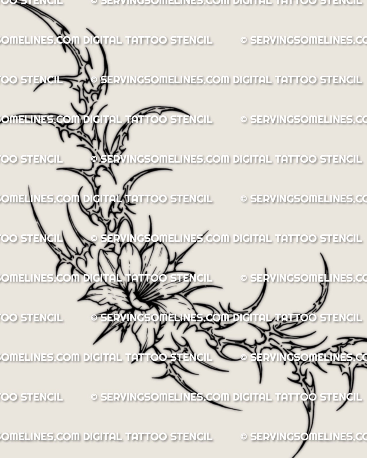 Cybersigilism flower lower back tattoo stencil shown as a full design layout, with a centered bloom and sharp floral shaping.