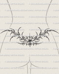 Cybersigilism flower lower back tattoo shown on lower back placement example, with a centered bloom and pointed floral spread.