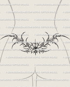 Cybersigilism flower lower back tattoo shown on lower back placement example, with a centered bloom and pointed floral spread.