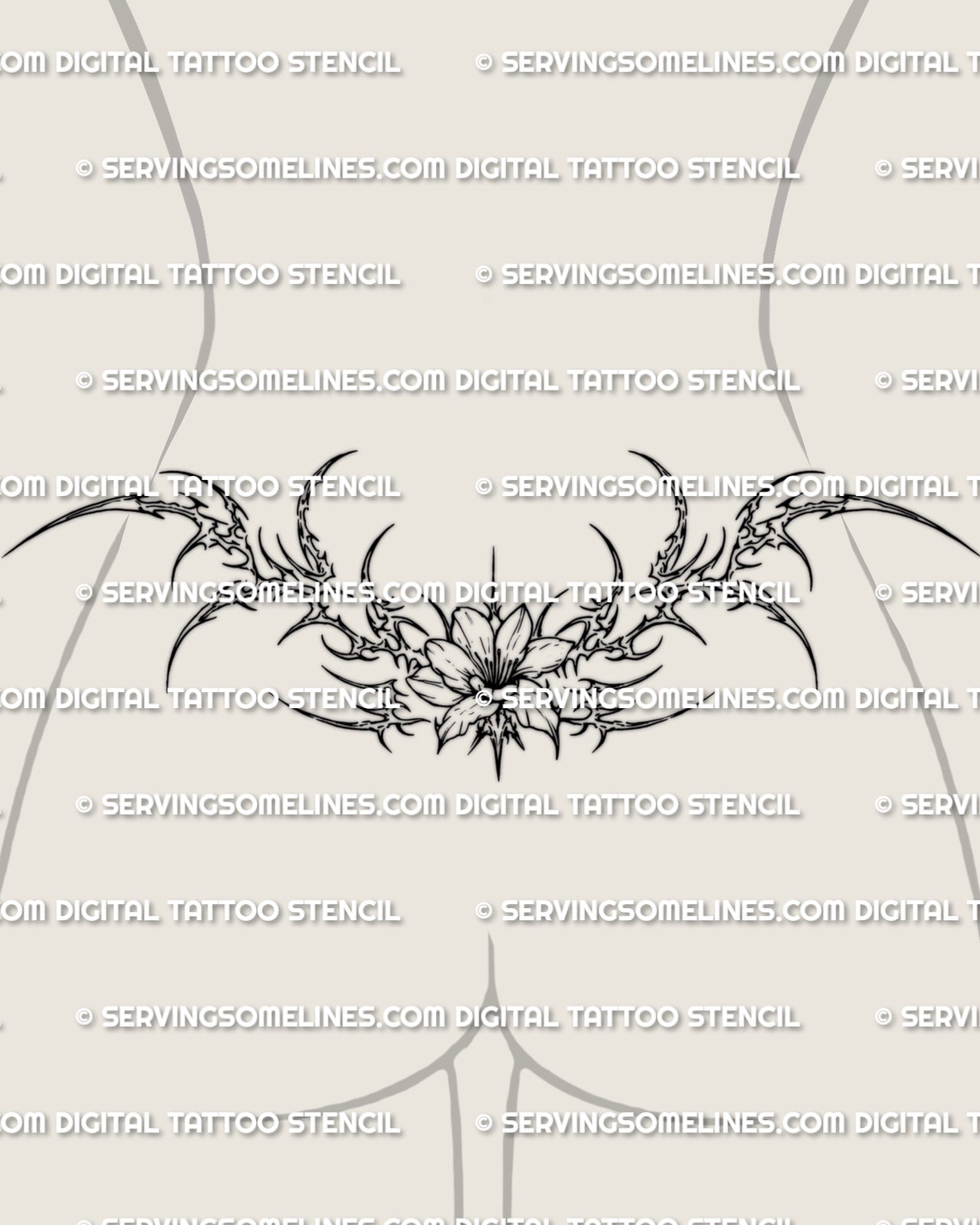 Cybersigilism flower lower back tattoo shown on lower back placement example, with a centered bloom and pointed floral spread.