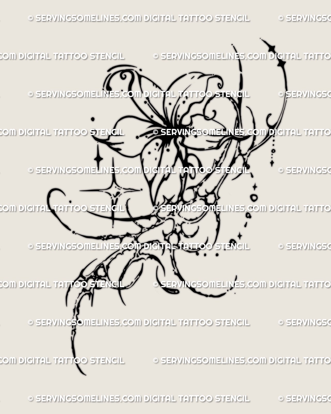 Cybersigilism flower tattoo stencil design, vertical flower with printable PNG JPG PDF files for clean stencil transfer.