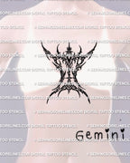 Cybersigilism Gemini glyph tattoo stencil shown on sternum placement between breasts, clean zodiac symbol download files