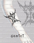 Cybersigilism Gemini tattoo stencil displayed on forearm placement example, sharp zodiac sign glyph, PNG JPG PDF files 