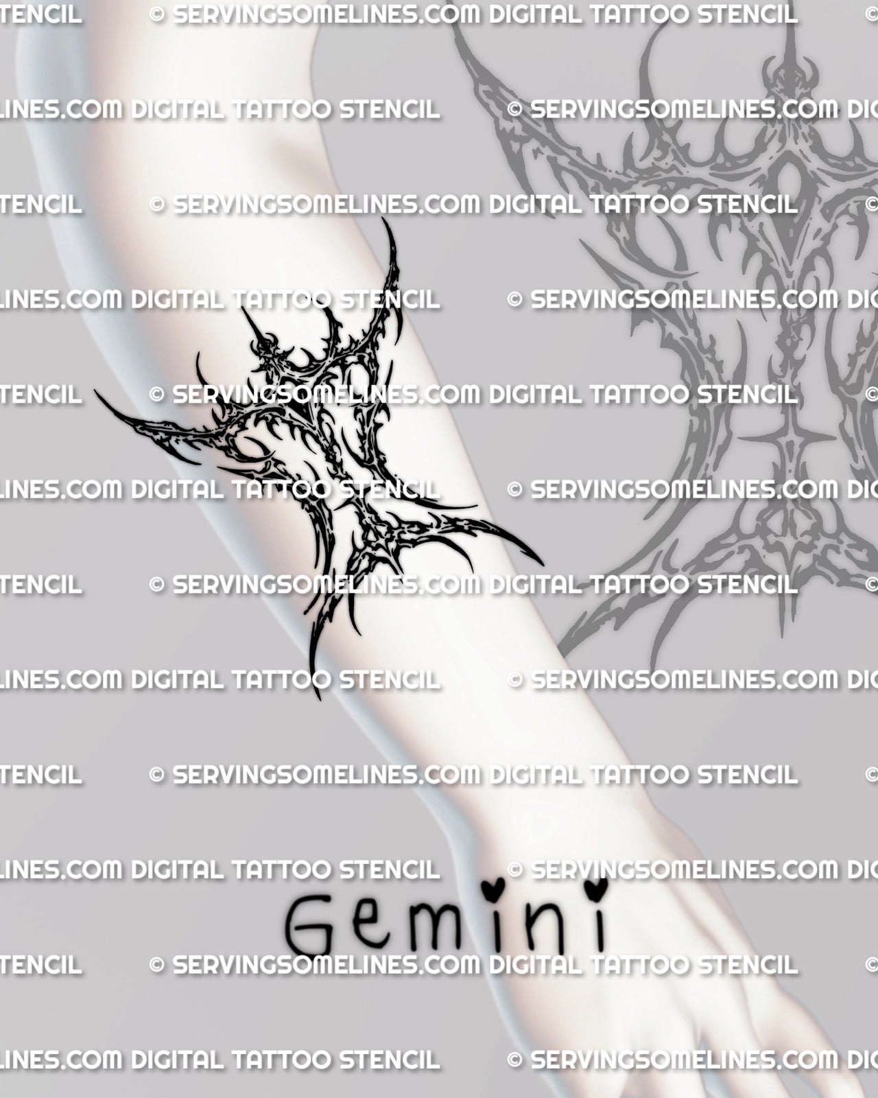 Cybersigilism Gemini tattoo stencil displayed on forearm placement example, sharp zodiac sign glyph, PNG JPG PDF files 